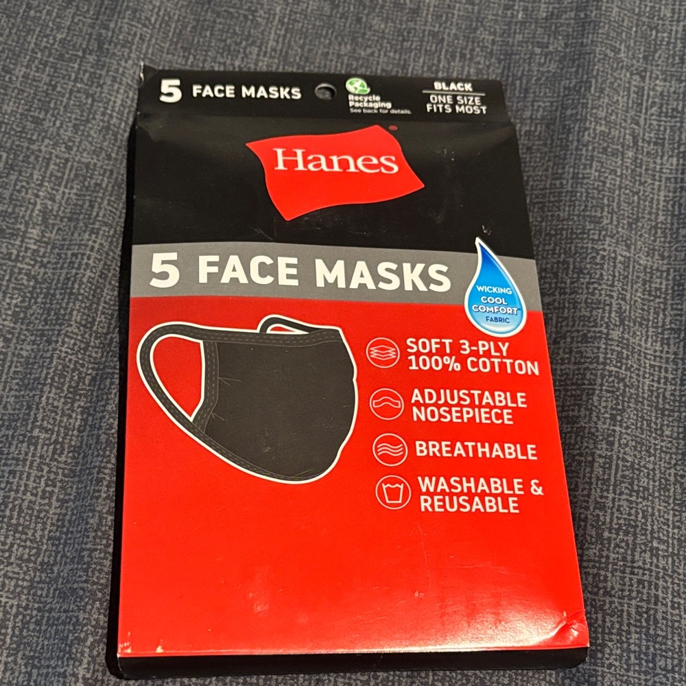 Hanes Black Cotton Face Masks - 5 Pack